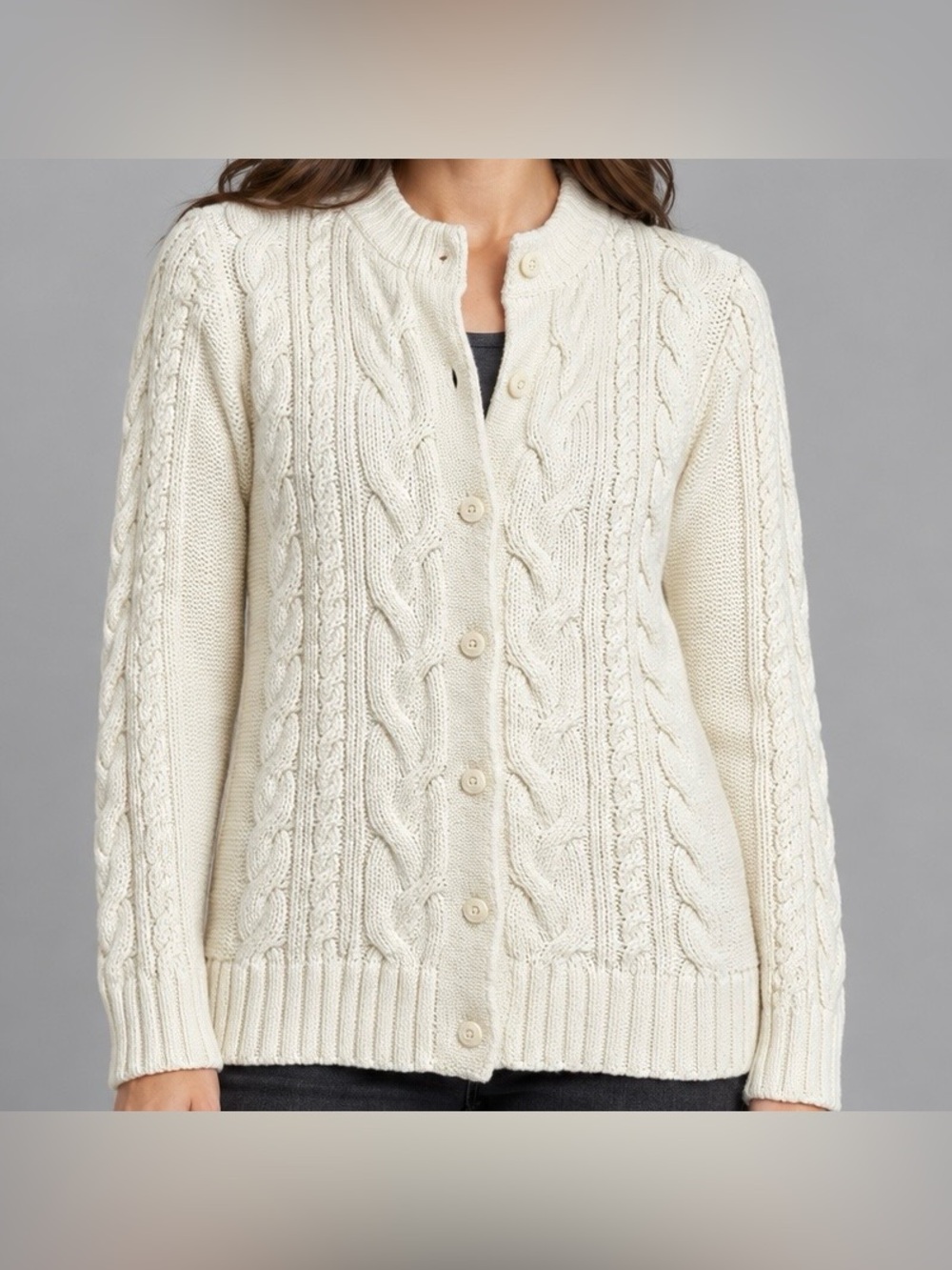 L.L.Bean Cream Cable Knit Button Cardigan Sweater 100% Cotton Size Medium